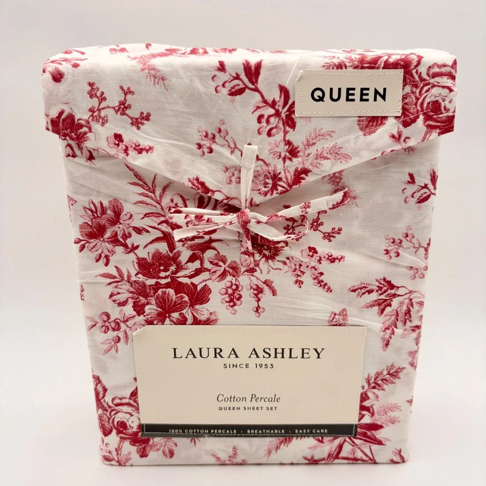Laura Ashley Queen Cotton Percale Sheet Set Red Floral Walled Garden